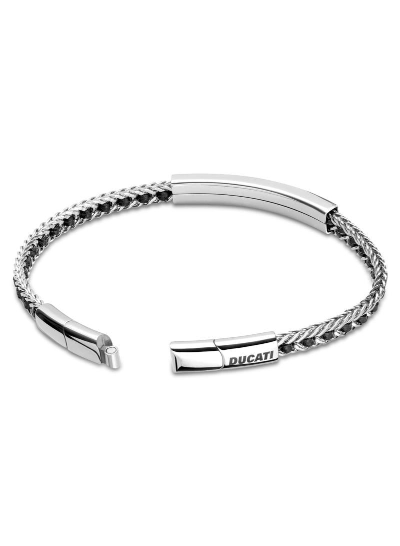 Catena Black Silver Leather & Stainless Steel Gents Bracelet with Magnetic Closure - 210 mm