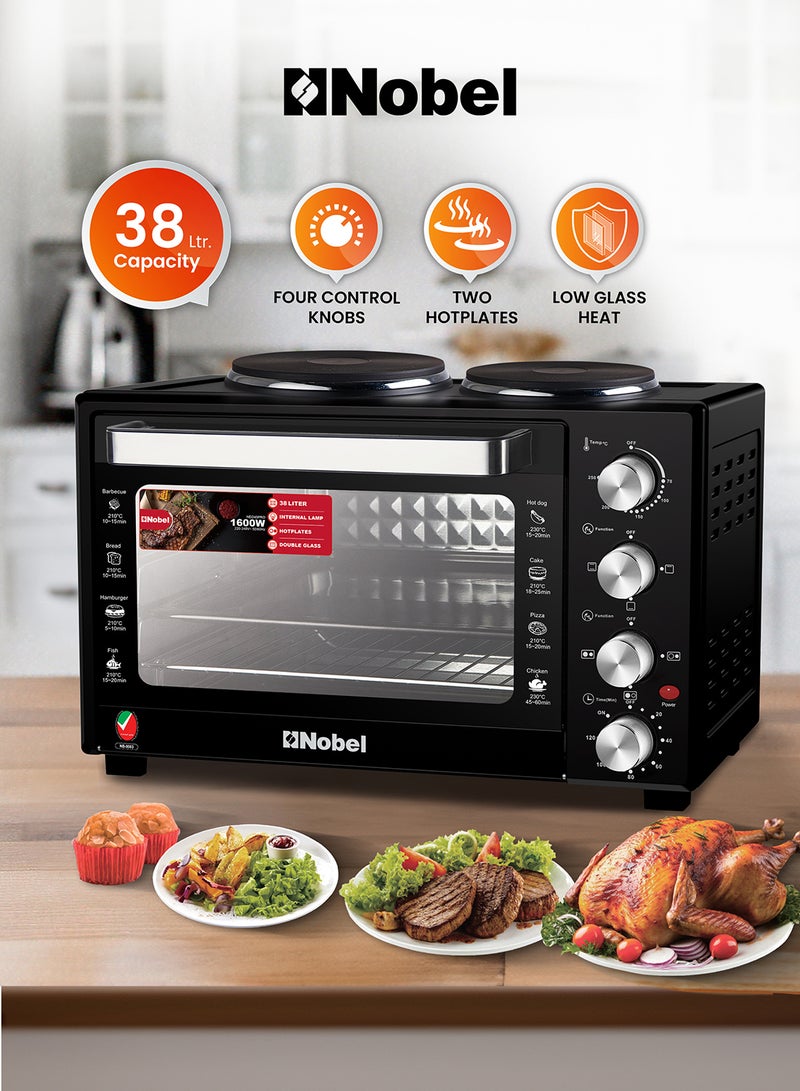 38L Oven with 2 Hotplates, Adjustable Temperature Control (70-250°C), 120-Minute Timer, Double Glass Door 38 L 1600 W NEO45PRO Black