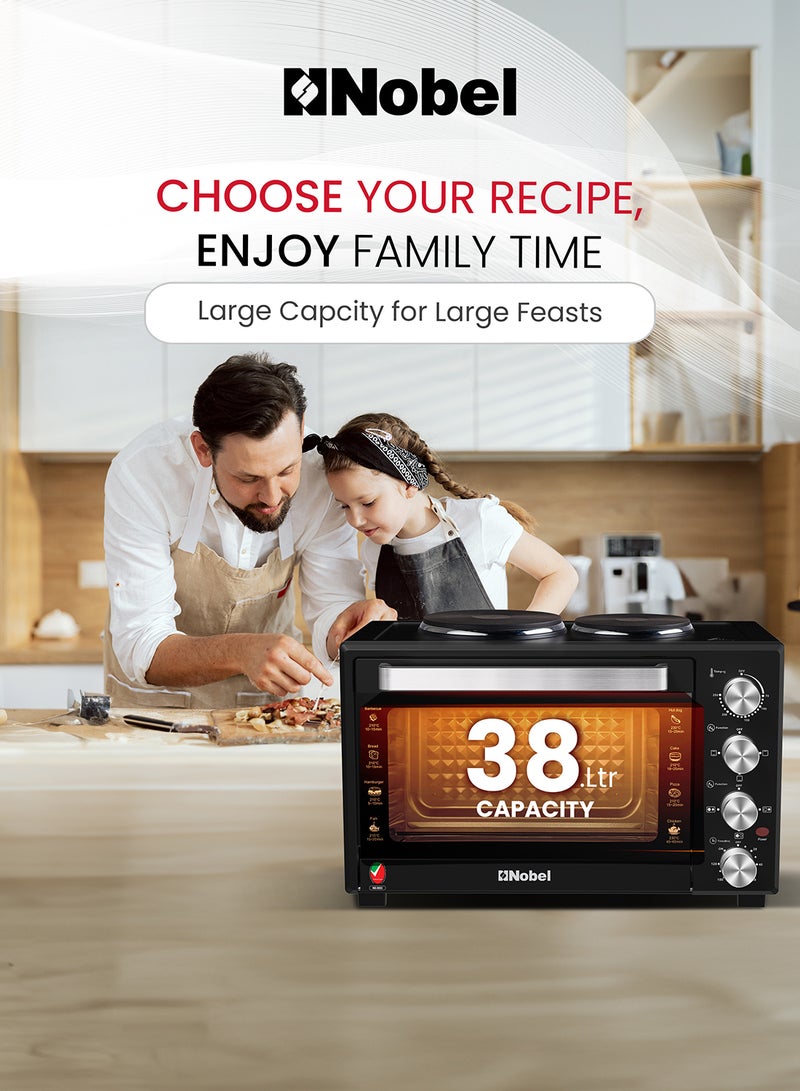38L Oven with 2 Hotplates, Adjustable Temperature Control (70-250°C), 120-Minute Timer, Double Glass Door 38 L 1500W - 38 L 1500 W NEO45PRO Black