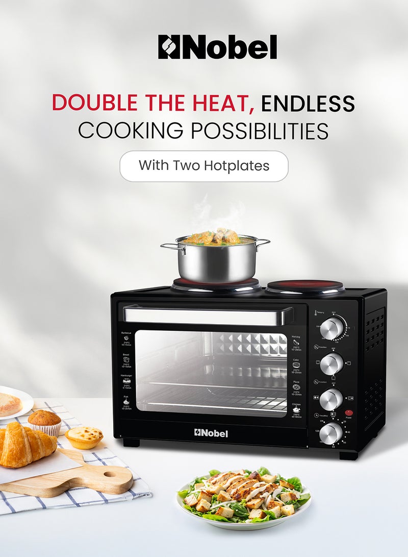 38L Oven with 2 Hotplates, Adjustable Temperature Control (70-250°C), 120-Minute Timer, Double Glass Door 38 L 1500W - 38 L 1500 W NEO45PRO Black