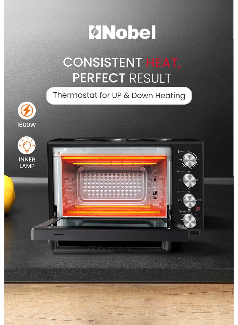 38L Oven with 2 Hotplates, Adjustable Temperature Control (70-250°C), 120-Minute Timer, Double Glass Door 38 L 1500W - 38 L 1500 W NEO45PRO Black