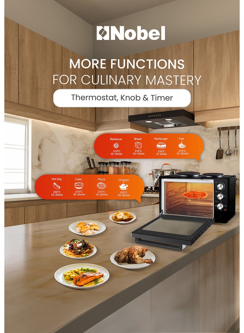 38L Oven with 2 Hotplates, Adjustable Temperature Control (70-250°C), 120-Minute Timer, Double Glass Door 38 L 1500W - 38 L 1500 W NEO45PRO Black