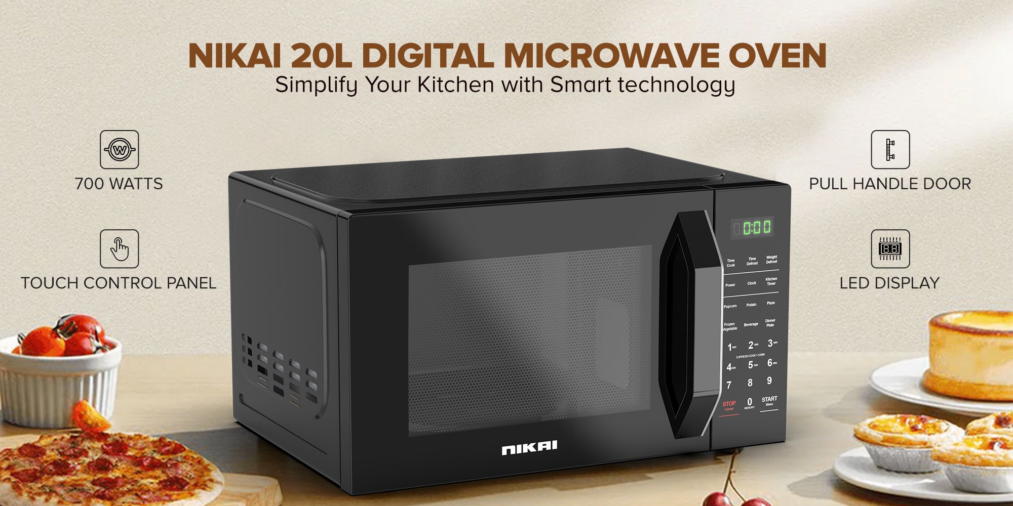 700W 20L Microwave Oven, Digital Touch Control, Child Safety-Lock, 11 Power Levels & 6 Auto Menus, Cooking End Singnal, Touch Control Panel, Convenient Pull Hand Door, 2 Year Warranty 20 L 700 W NMO2110DB Black