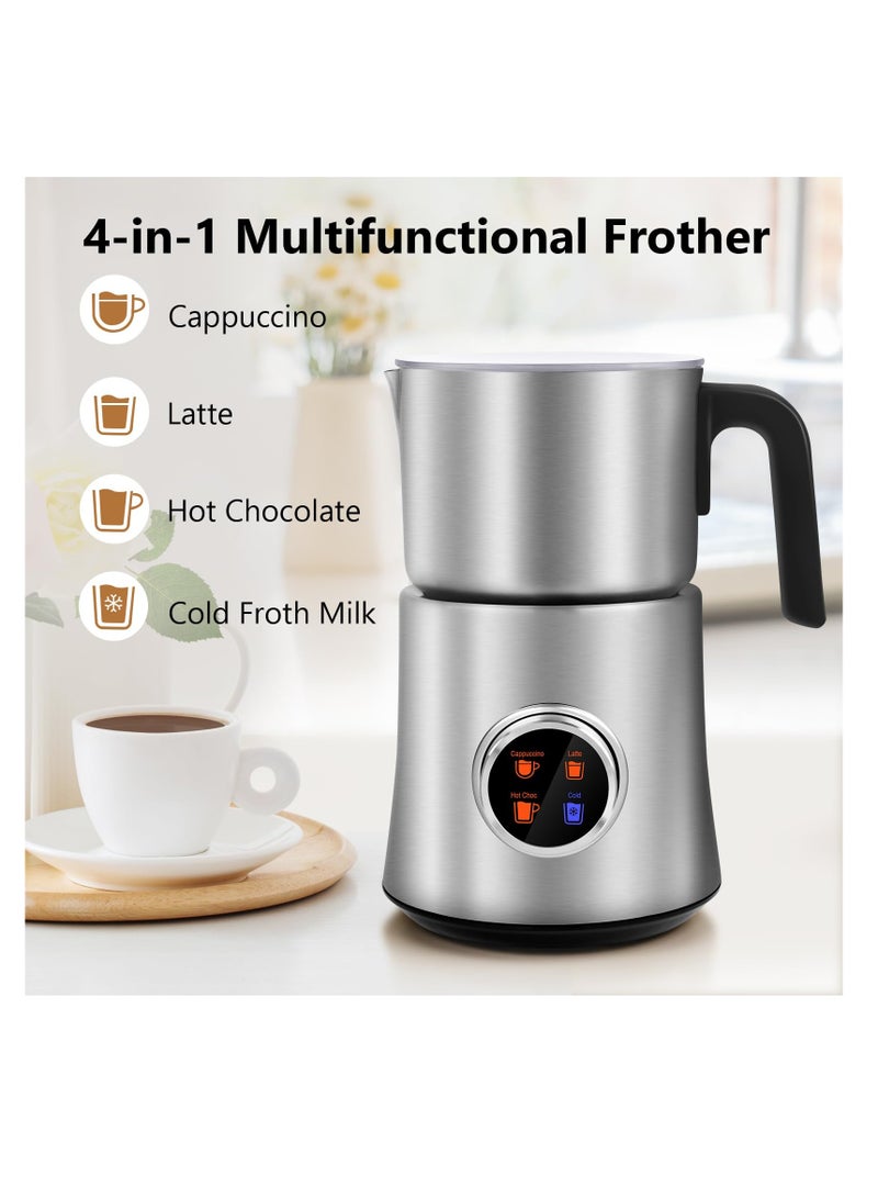 4-in-1 Detachable Milk Frother and Steamer, 650 ML Automatic Hot & Cold Foam Maker and Milk Warmer for Latte, Cappuccino, Hot Chocolate, Knob Control, Dishwasher Safe, Sliver