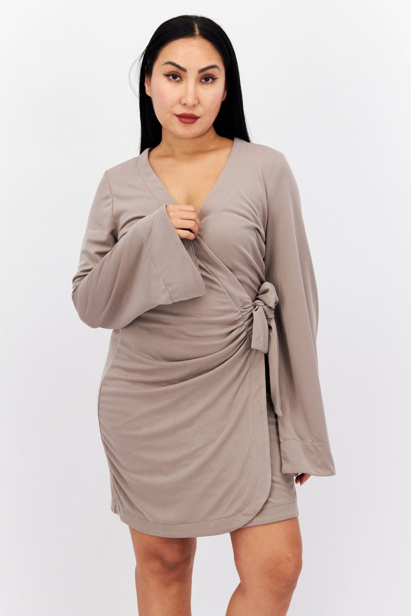 Women Plain Mini Dress, Taupe