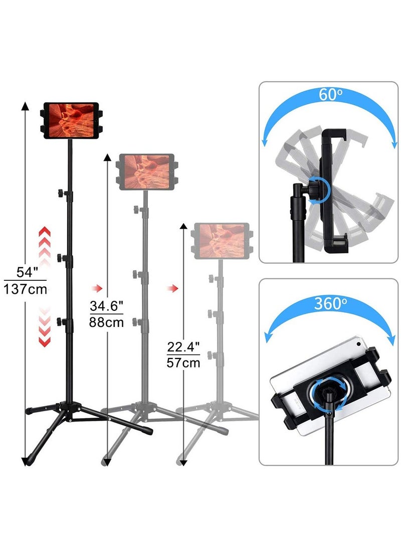 Tripod Stand Tablet Holder: Adjustable Height Tripod Stand Foldable Phone Holder Phone Tripod Stand Floor Tablet Cradle Bracket for 4.7-12.9 Inch iPhone 13 Pro