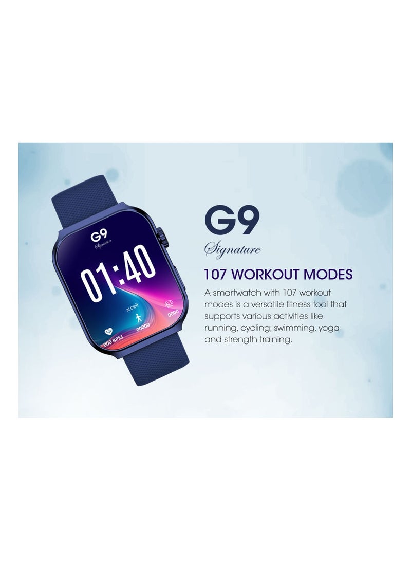 G9 Signature Unisex Smart Watch, 2.01” HD Display with IP67 Water Proof, Fitness Tracker with 107 Workout Options, 7+ Days Battery with Wireless Charging, Compatible with iOS & Android - Blue