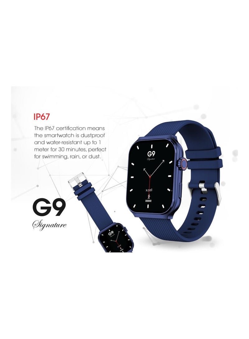 G9 Signature Unisex Smart Watch, 2.01” HD Display with IP67 Water Proof, Fitness Tracker with 107 Workout Options, 7+ Days Battery with Wireless Charging, Compatible with iOS & Android - Blue