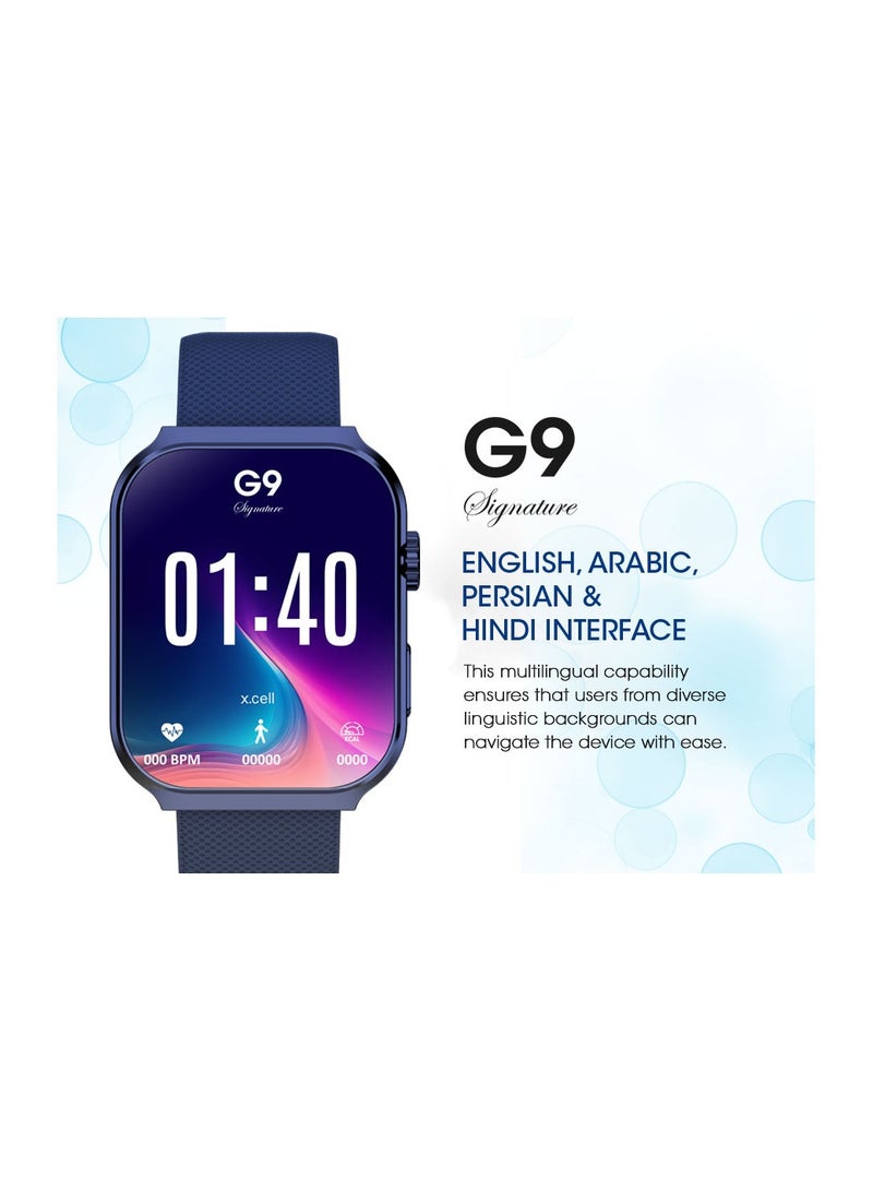 G9 Signature Unisex Smart Watch, 2.01” HD Display with IP67 Water Proof, Fitness Tracker with 107 Workout Options, 7+ Days Battery with Wireless Charging, Compatible with iOS & Android - Blue
