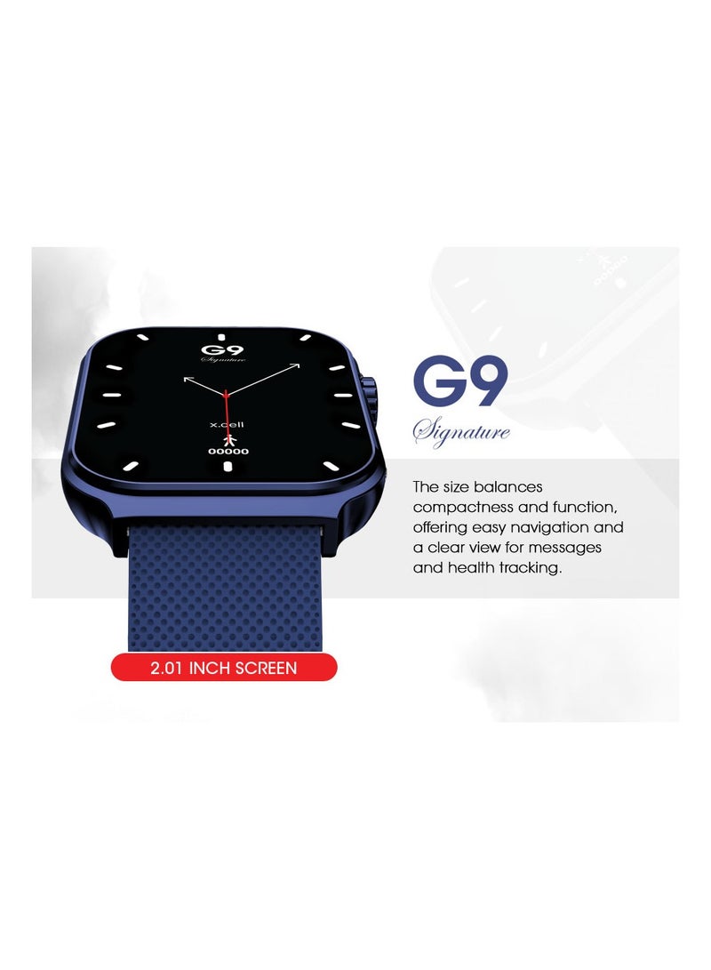 G9 Signature Unisex Smart Watch, 2.01” HD Display with IP67 Water Proof, Fitness Tracker with 107 Workout Options, 7+ Days Battery with Wireless Charging, Compatible with iOS & Android - Blue