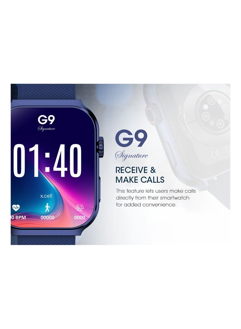G9 Signature Unisex Smart Watch, 2.01” HD Display with IP67 Water Proof, Fitness Tracker with 107 Workout Options, 7+ Days Battery with Wireless Charging, Compatible with iOS & Android - Blue