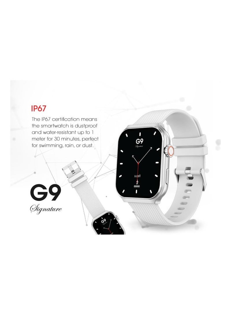 G9 Signature Unisex Smart Watch, 2.01” HD Display with IP67 Water Proof, Fitness Tracker with 107 Workout Options, 7+ Days Battery with Wireless Charging, Compatible with iOS & Android - White