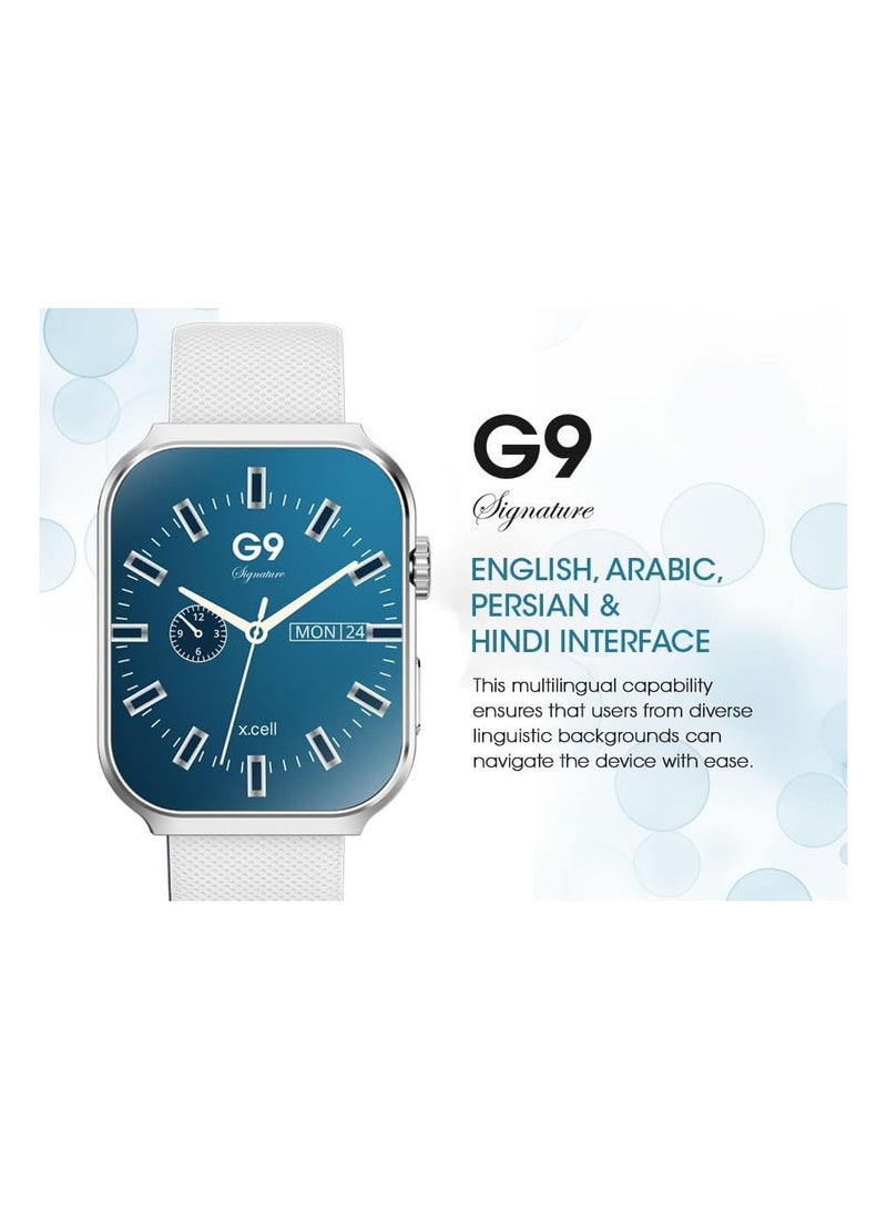 G9 Signature Unisex Smart Watch, 2.01” HD Display with IP67 Water Proof, Fitness Tracker with 107 Workout Options, 7+ Days Battery with Wireless Charging, Compatible with iOS & Android - White