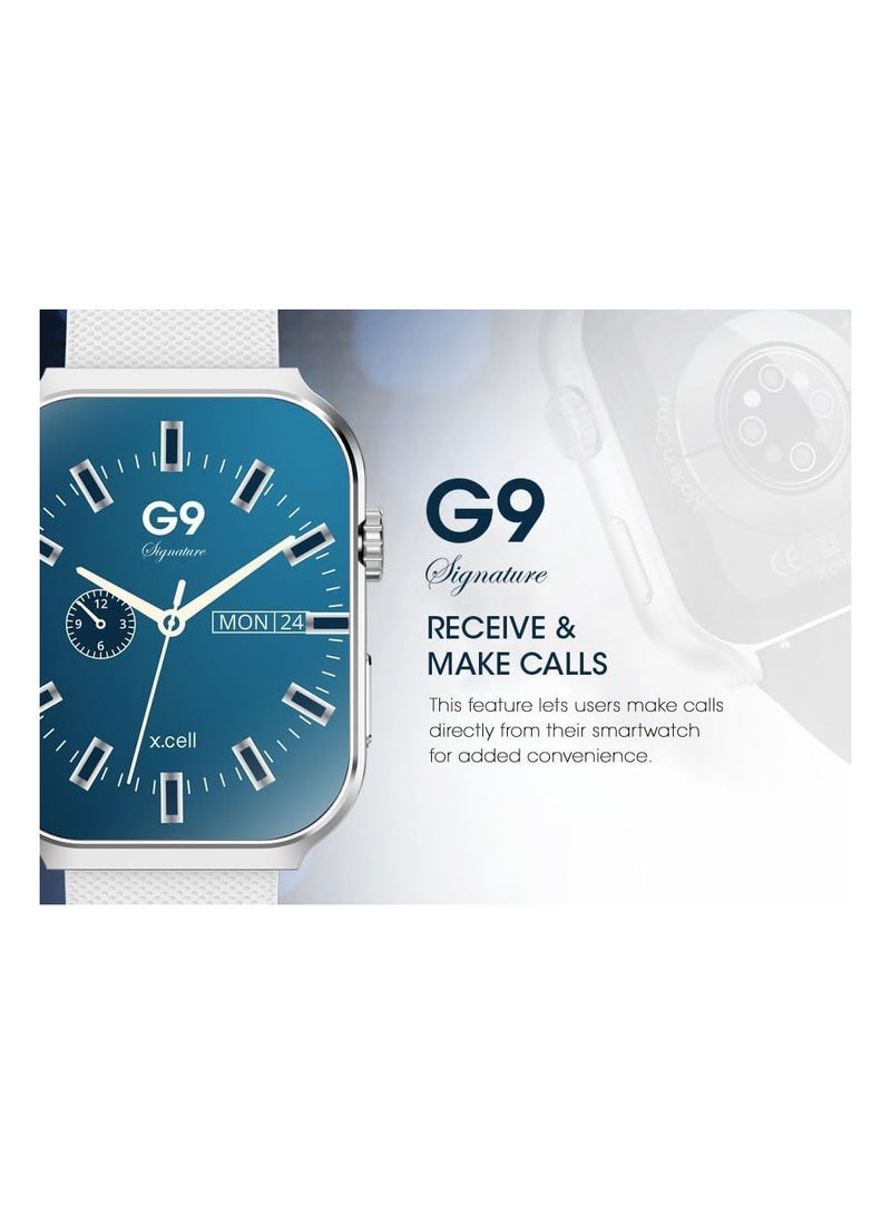 G9 Signature Unisex Smart Watch, 2.01” HD Display with IP67 Water Proof, Fitness Tracker with 107 Workout Options, 7+ Days Battery with Wireless Charging, Compatible with iOS & Android - White