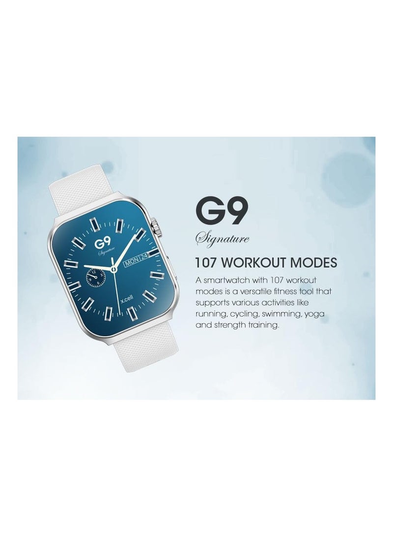 G9 Signature Unisex Smart Watch, 2.01” HD Display with IP67 Water Proof, Fitness Tracker with 107 Workout Options, 7+ Days Battery with Wireless Charging, Compatible with iOS & Android - White