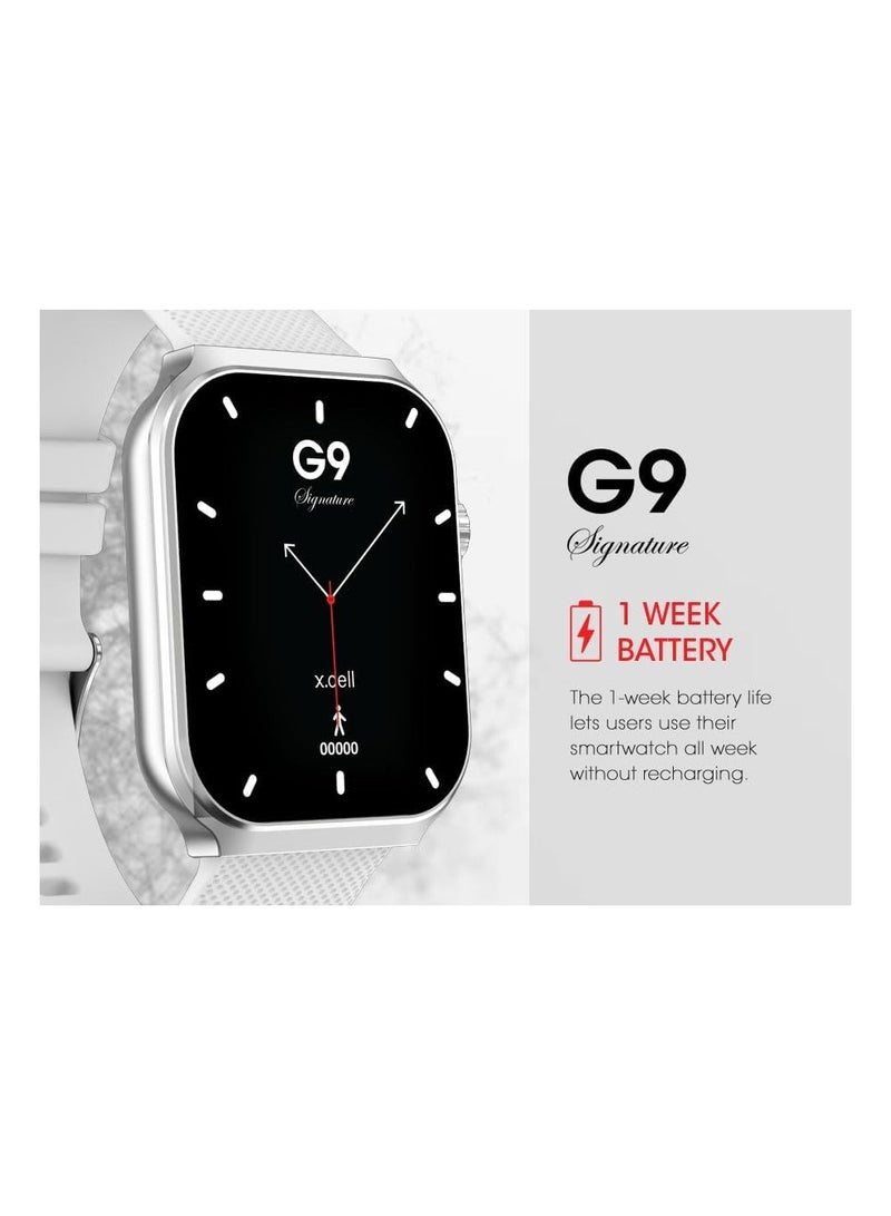 G9 Signature Unisex Smart Watch, 2.01” HD Display with IP67 Water Proof, Fitness Tracker with 107 Workout Options, 7+ Days Battery with Wireless Charging, Compatible with iOS & Android - White