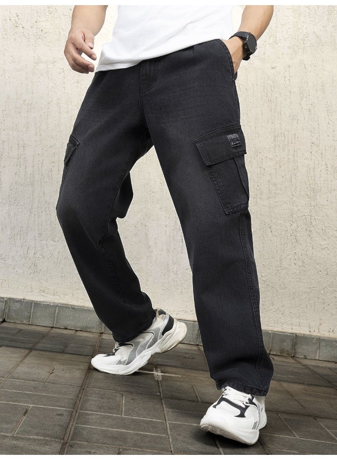 Men Black Jeans - Relaxed Tapered Fit for Comfort