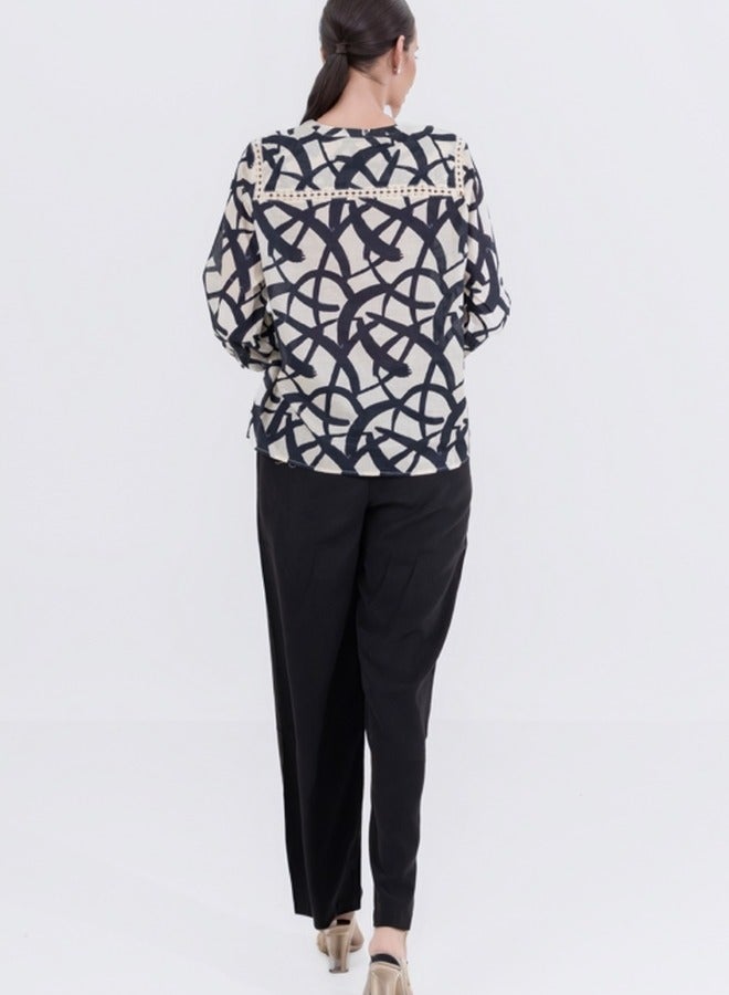 Abstract Print Button-Down Blouse with Lace Shoulder Detail - Black and White