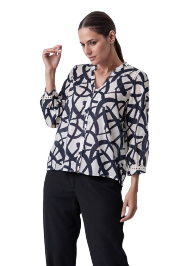 Abstract Print Button-Down Blouse with Lace Shoulder Detail - Black and White