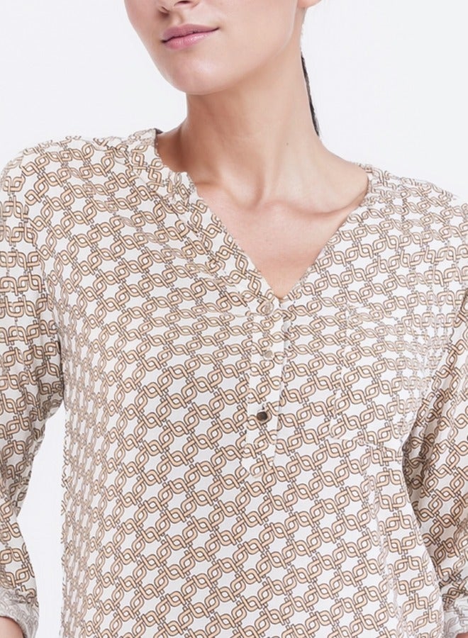 Geometric Print V-Neck Blouse - Beige and White