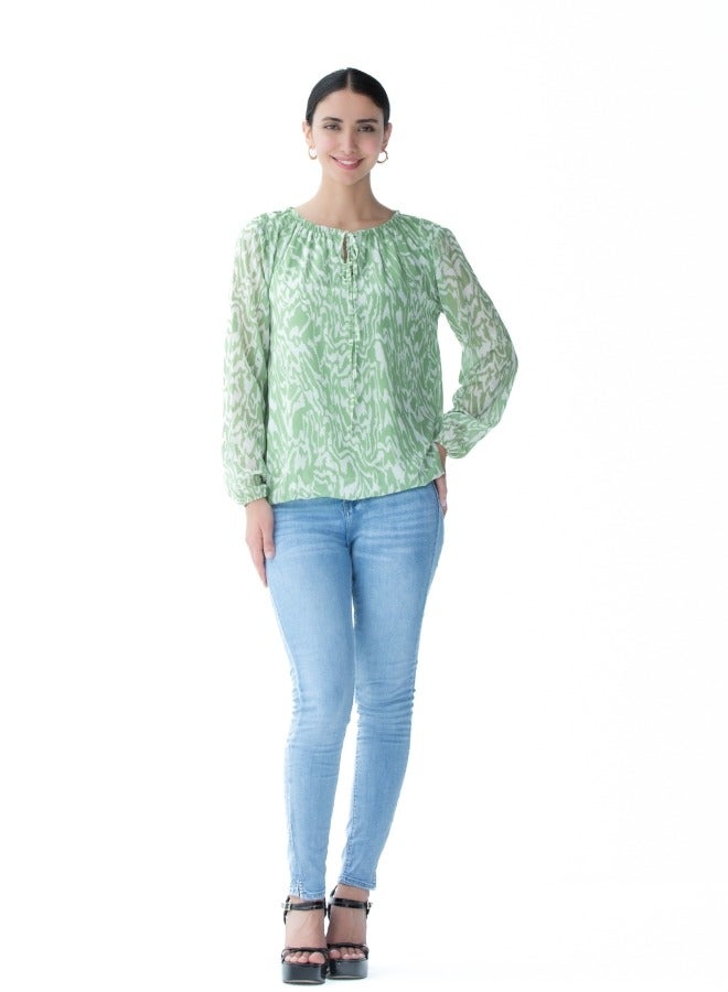 Green Printed Long Sleeve Blouse