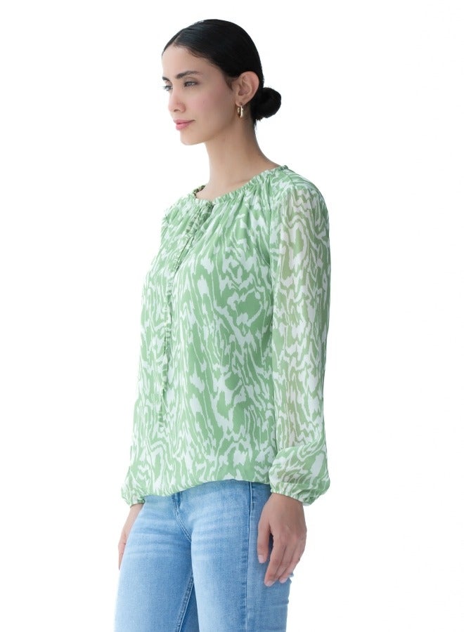 Green Printed Long Sleeve Blouse