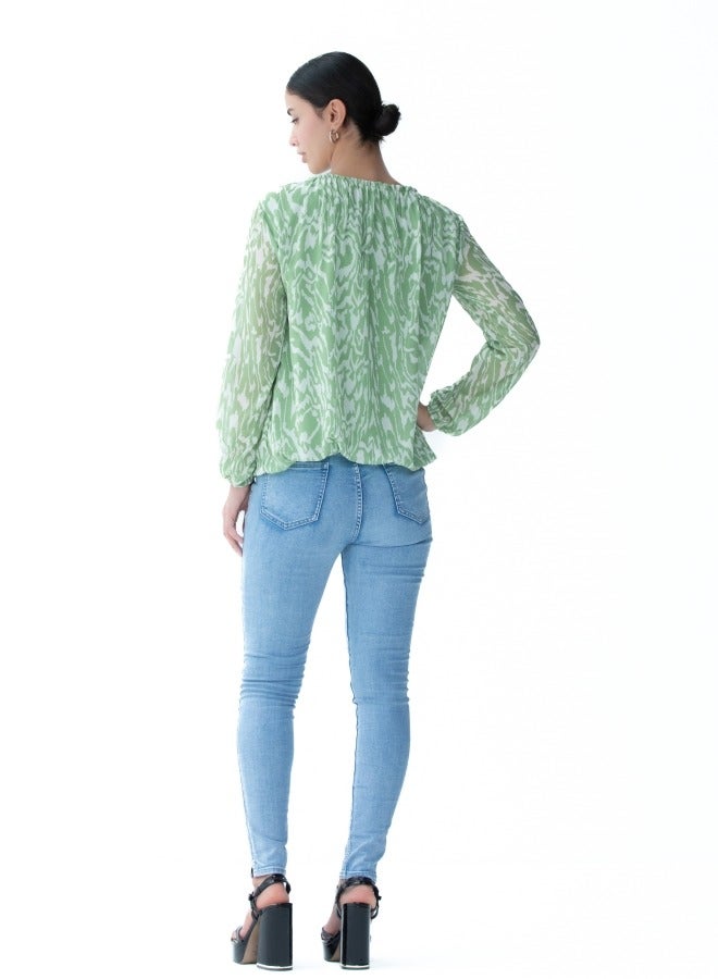 Green Printed Long Sleeve Blouse