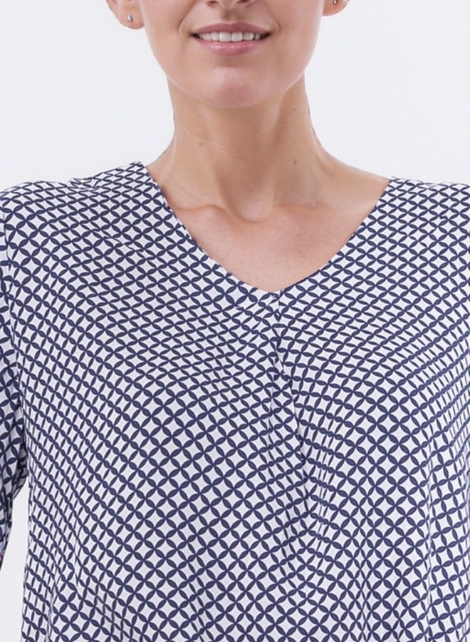 V-Neck Geometric Print Long Sleeve Blouse - Navy and White