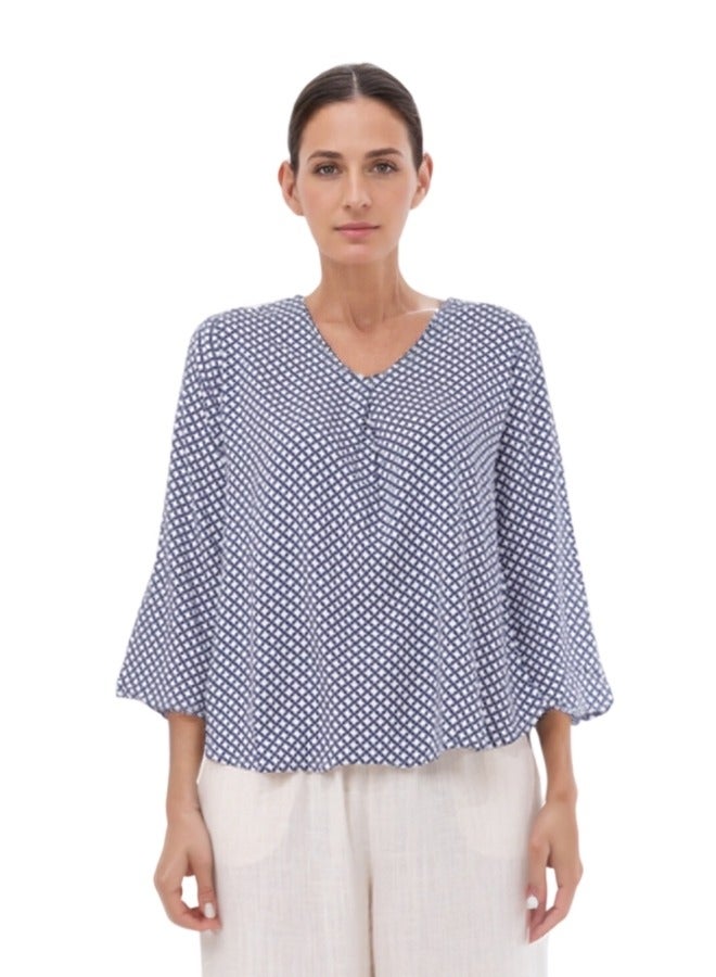 V-Neck Geometric Print Long Sleeve Blouse - Navy and White