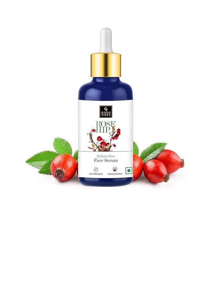 Good Vibes Rose Hip Radiant Glow Face Serum - Vitamin A & Essential Fatty Acids Help Delay Signs of Ageing, Reduce Dark Spots Moisturise Skin - Light Weight, Non-Sticky Refreshing Texture 30 ml