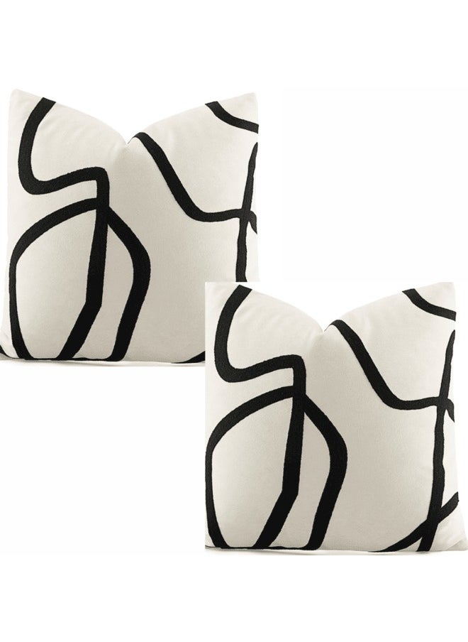 MAAC Home Set of 2 Cushion Cover  Geometric Abstract Line Embroidered on White Background Cushion Premium Modern Minimalist Elegant design for Sofa Couch Bed Chair (Cushion Cover with Filler)