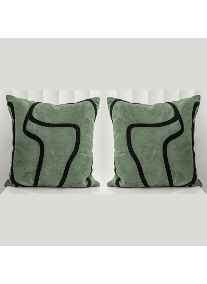 MAAC Home Set of 2 Cushion Cover  Geometric Abstract Line Embroidered on Green Background Cushion Premium Modern Minimalist Elegant design for Sofa Couch Bed Chair (Cushion Cover with Filler)