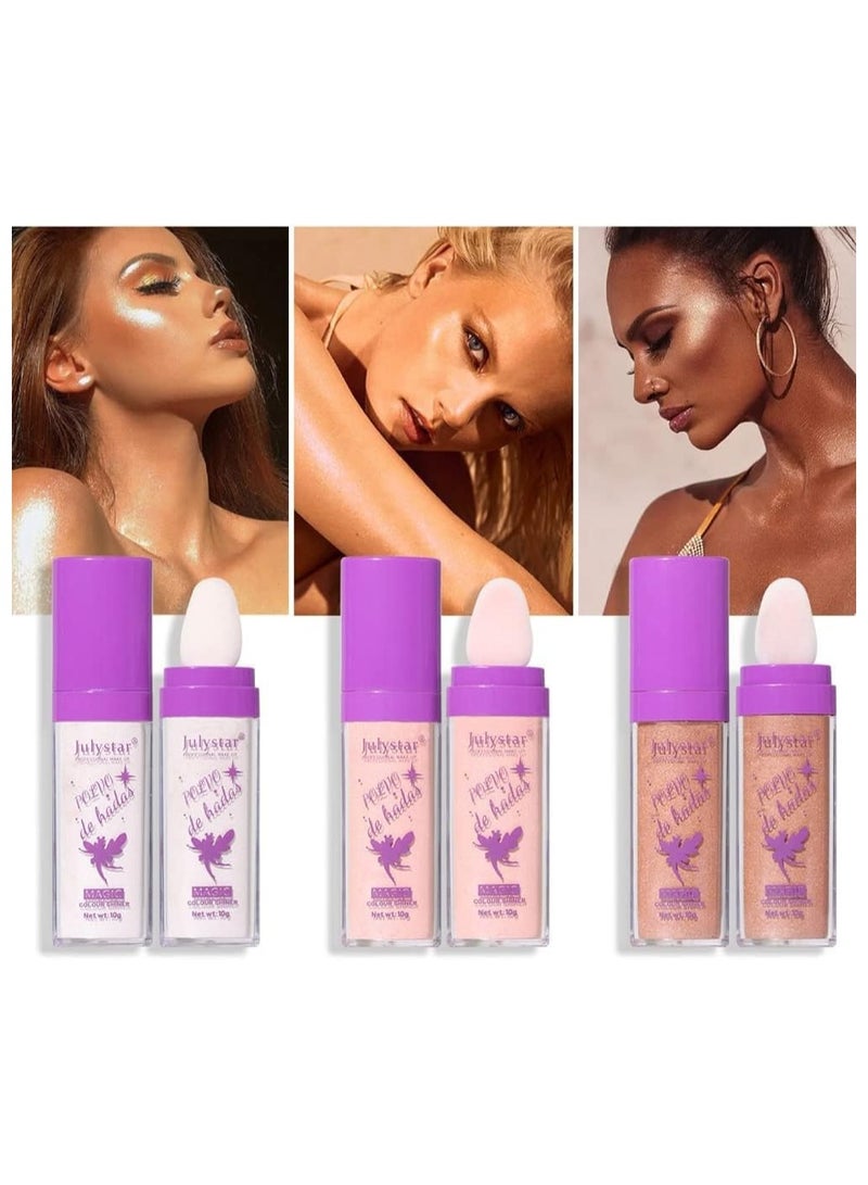 Fairy Dust Highlighter Powder, Glamaz Highlight Powder Stick, Julystar Polvo de Hadas Magic Colour Shiner, Julystar Makeup, Fairy Hghlighting Patting Powder (3PCS)