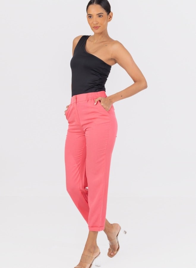 High-Waisted Cropped Dress Pants - Coral Pink