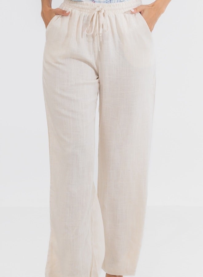 High-Waisted Wide Leg Linen Drawstring Pants - Cream