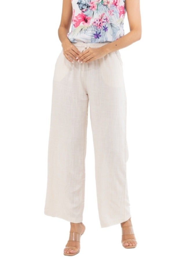 High-Waisted Wide Leg Linen Drawstring Pants - Cream