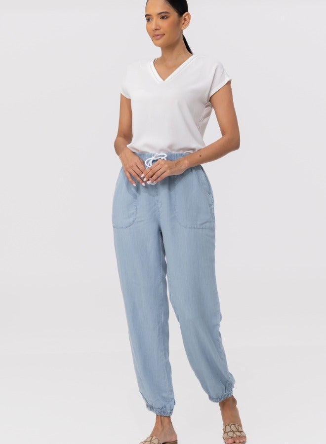 Casual High-Waisted Drawstring Jogger Pants - Light Blue