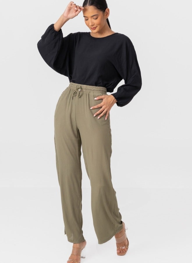 High-Waisted Wide Leg Drawstring Pants - Olive Green