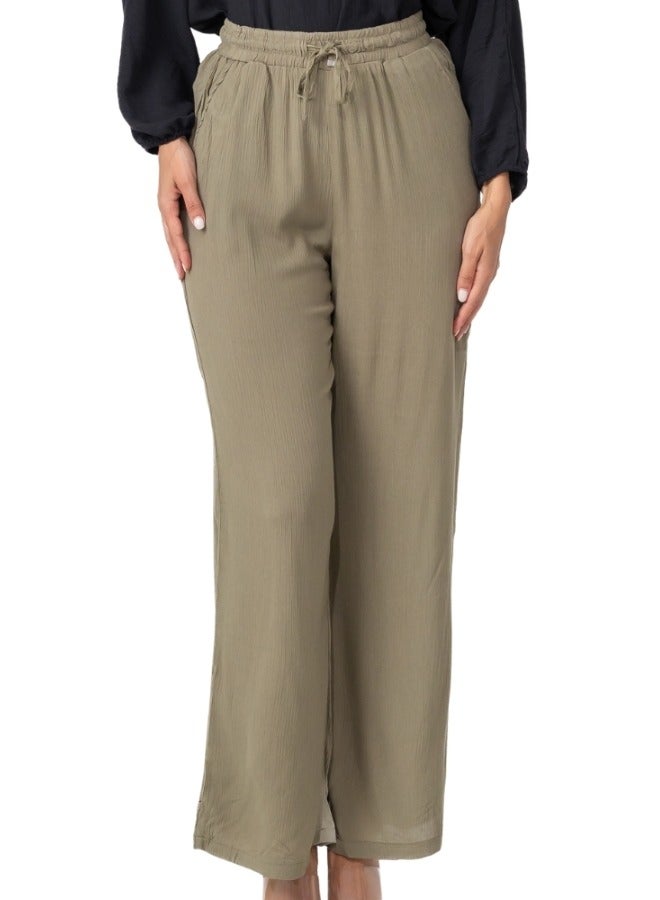 High-Waisted Wide Leg Drawstring Pants - Olive Green