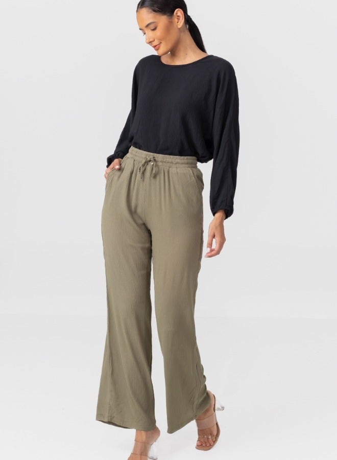 High-Waisted Wide Leg Drawstring Pants - Olive Green