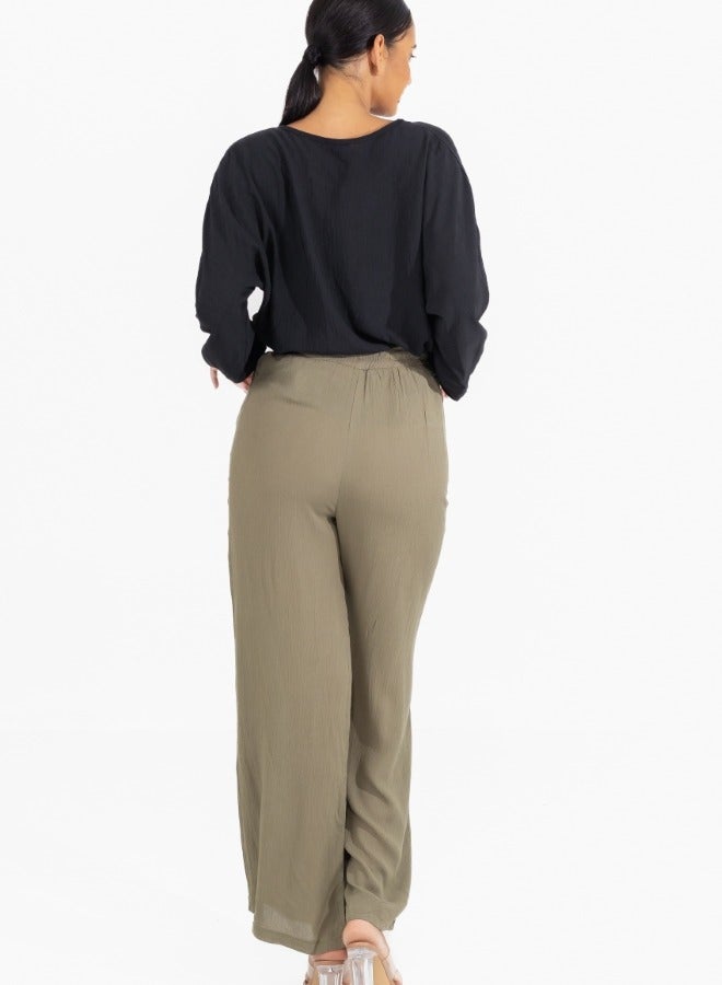 High-Waisted Wide Leg Drawstring Pants - Olive Green