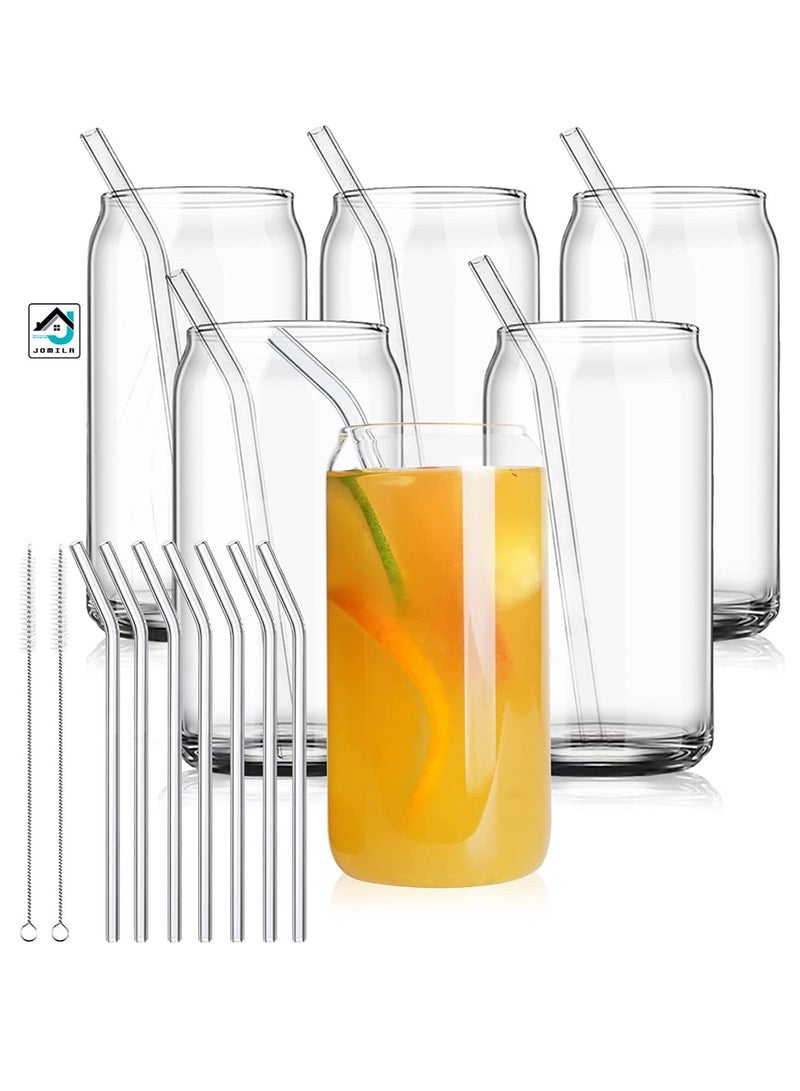 6 Pieces 16 oz Drinking Glasses with 7 Pcs Reusable Glass Straw Glass Cups Reusable Beer Can Glass for Pop Beer or Iced Coffee