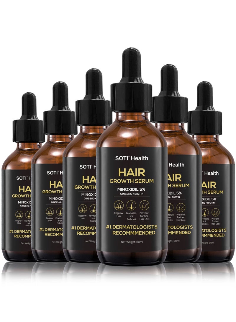 Minoxidil 5% Hair Growth, Hair Loss Regrowth Serum 60ml. Made in USA.  Dermatologists Recommended. Ginseng and Biotin Extra Strength Formula 6 Pack