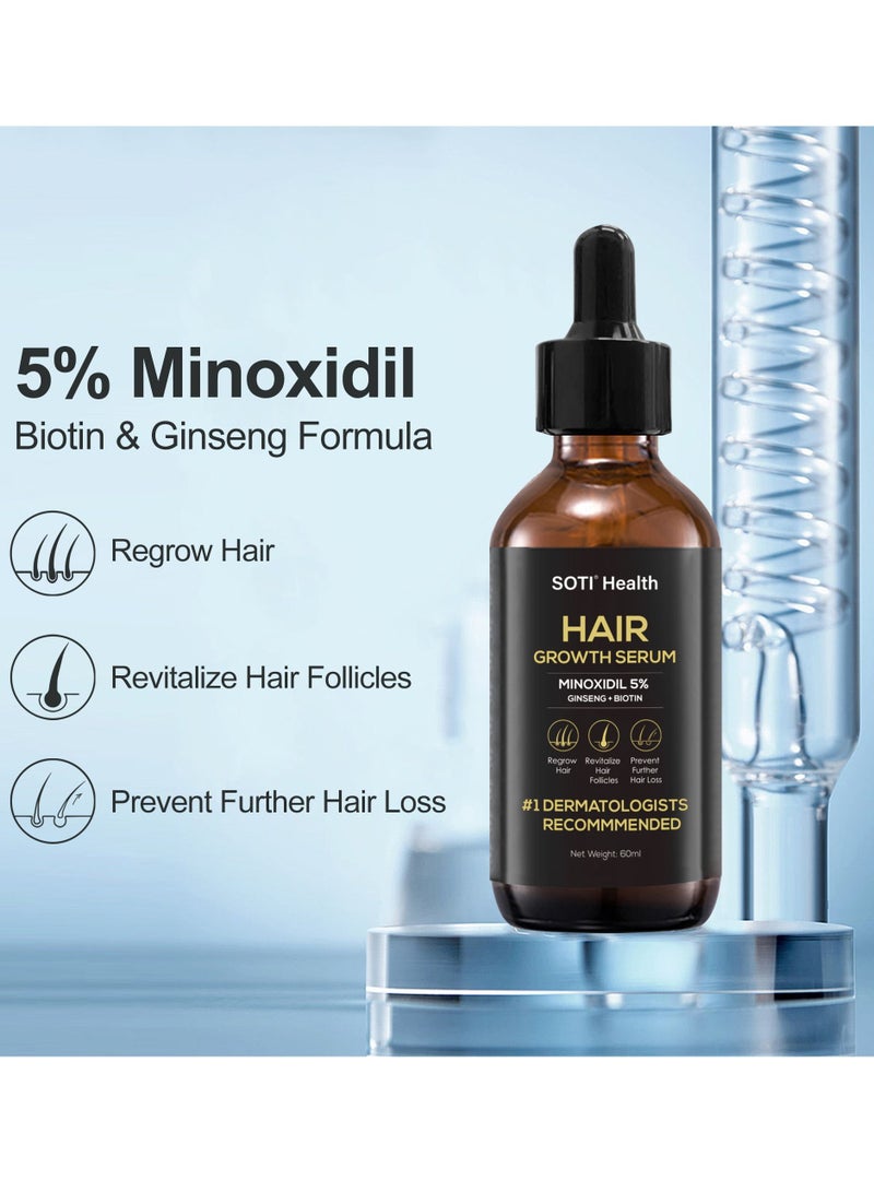 Minoxidil 5% Hair Growth, Hair Loss Regrowth Serum 60ml. Made in USA.  Dermatologists Recommended. Ginseng and Biotin Extra Strength Formula 6 Pack
