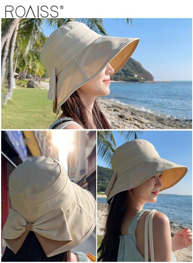 Wide Brim Bowknot Bucket Hat for Women Foldable Lightweight Breathable Sun Hat with UV Protection for Summer Beach Outdoor