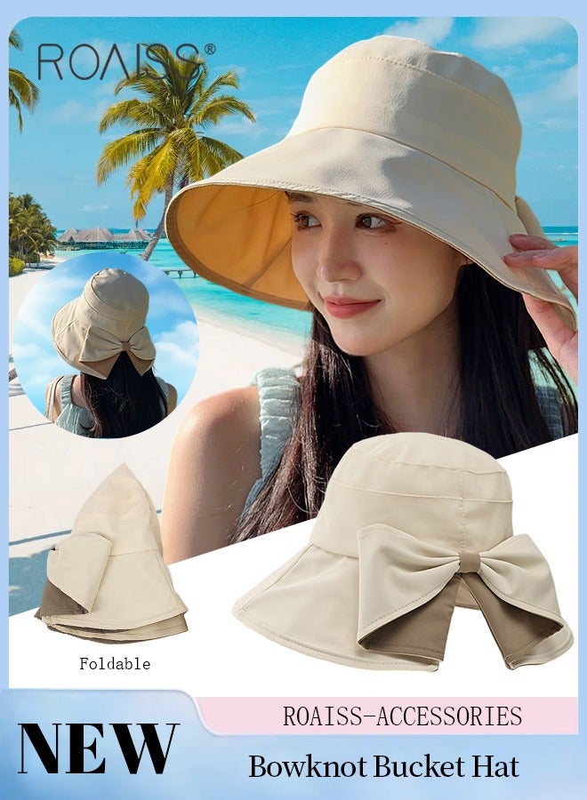 Wide Brim Bowknot Bucket Hat for Women Foldable Lightweight Breathable Sun Hat with UV Protection for Summer Beach Outdoor