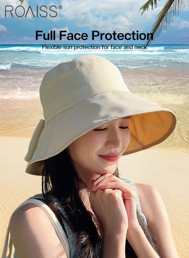 Wide Brim Bowknot Bucket Hat for Women Foldable Lightweight Breathable Sun Hat with UV Protection for Summer Beach Outdoor