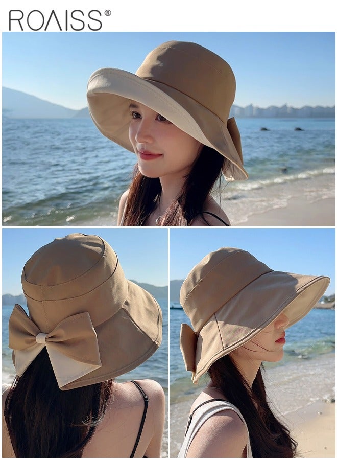 Wide Brim Bowknot Bucket Hat for Women Foldable Lightweight Breathable Sun Hat with UV Protection for Summer Beach Outdoor