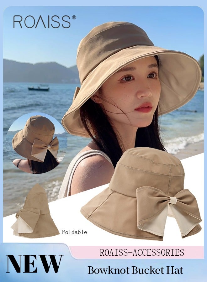 Wide Brim Bowknot Bucket Hat for Women Foldable Lightweight Breathable Sun Hat with UV Protection for Summer Beach Outdoor