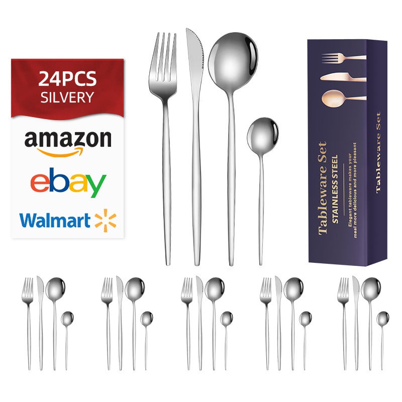 Portuguese tableware 20/24/30-piece stainless steel tableware knife, fork and spoon hotel Western food gift box suitSilver [24-piece set suit]] Silver [24-piece set suit]]